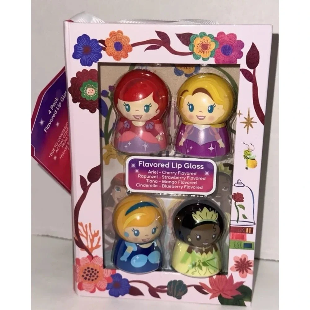 Disney Princess Flavored Lip Gloss Set 4 Pack Ariel Rapunzel Cinderella Tiana